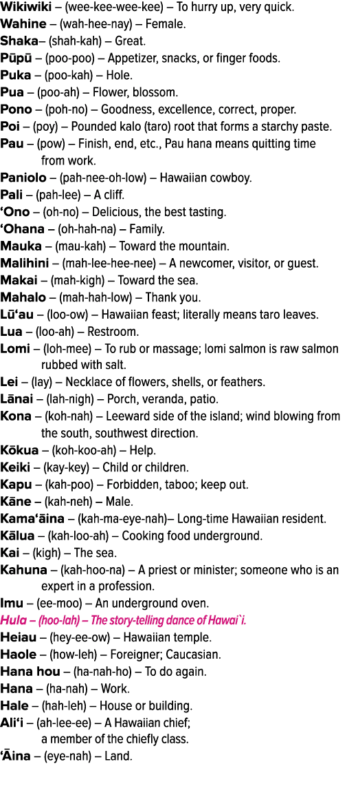 Wikiwiki – (wee-kee-wee-kee) – To hurry up, very quick. Wahine – (wah-hee-nay) – Female. Shaka– (shah-kah) – Great. P...